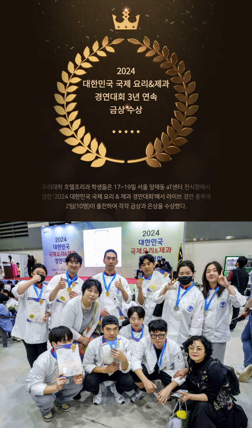 2024 대한민국 국제요리&제과 경연대회 금상 수상
1988년 문을 열고 관련 분야 전문가를 육성해 온 한림성심대 호텔조리과 학생들이 사단법인 한국조리협회가 주관하는 '2024 KOREA 월드푸드챔피언십 요리대회'에서 우수한 성과를 거뒀다.한림성심대 호텔조리과 학생들은 5인 1조로 출전한 라이브 부문에서 금상과 은상을 수상했다.